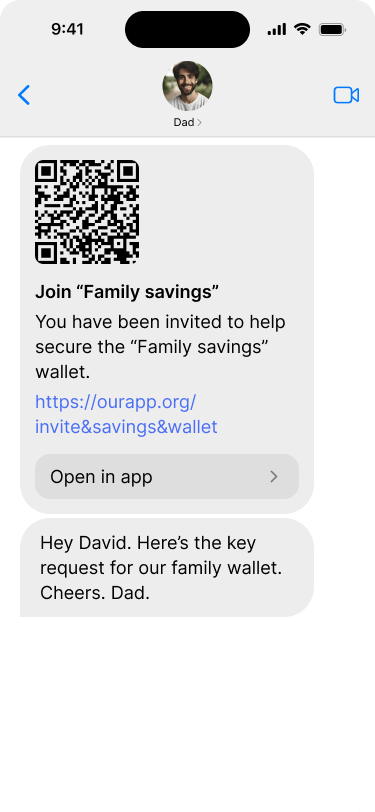 Screen showing a chat message with a QR code that contains the wallet configuration.