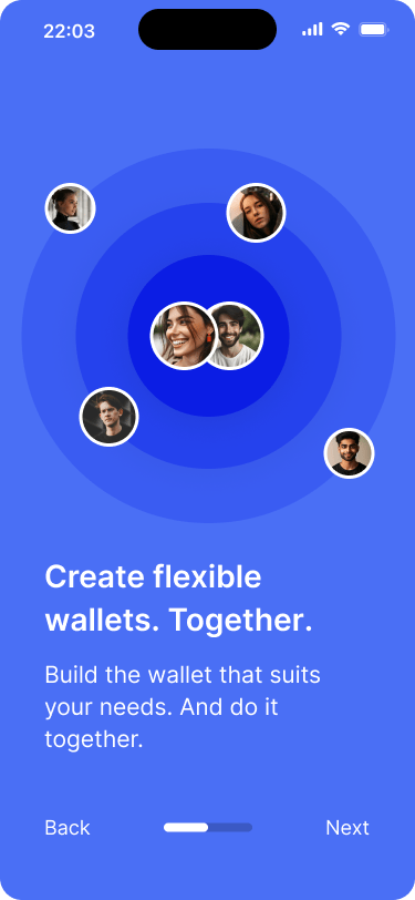 Screen showing users collaborating to create a wallet.