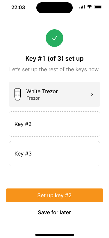 Overview screen that shows one signing key has been added, while two are still missing. It gives users the option to save their progress and continue later.